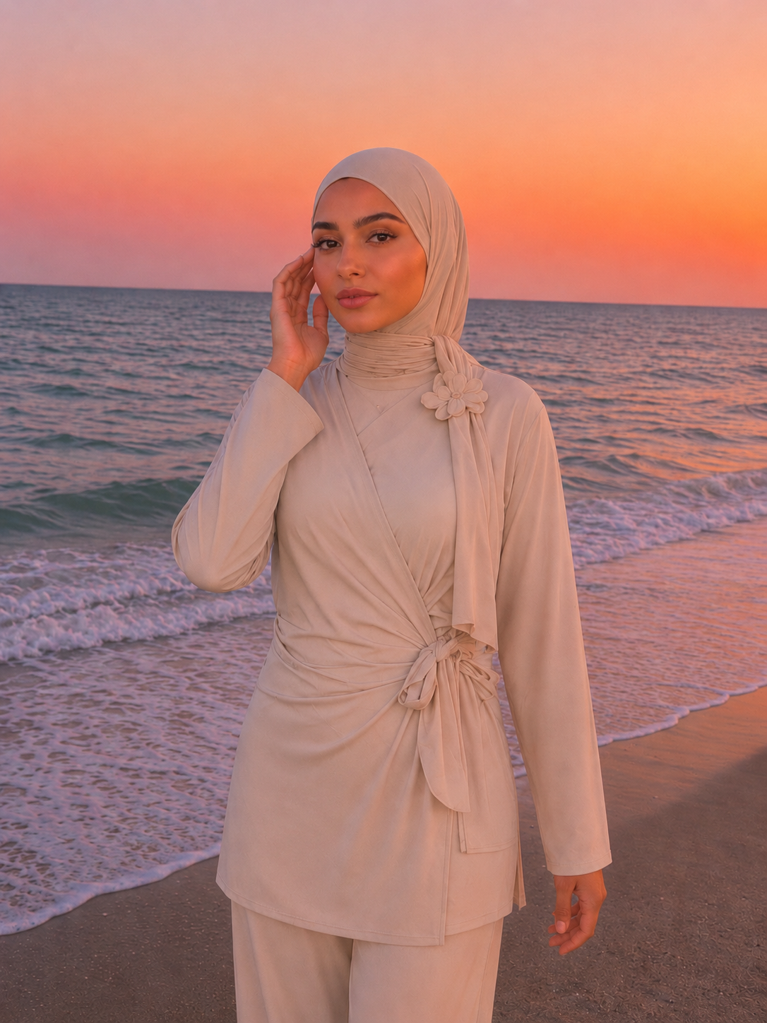 Cream Beige Modest 3-Piece Swimwear